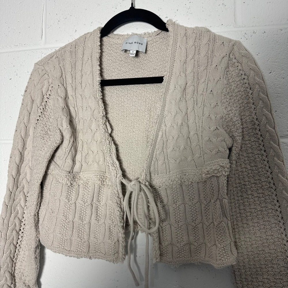 Pink Rose Beige Cable Knit Cropped Tie Front Cardigan Sweater Small cottage core
